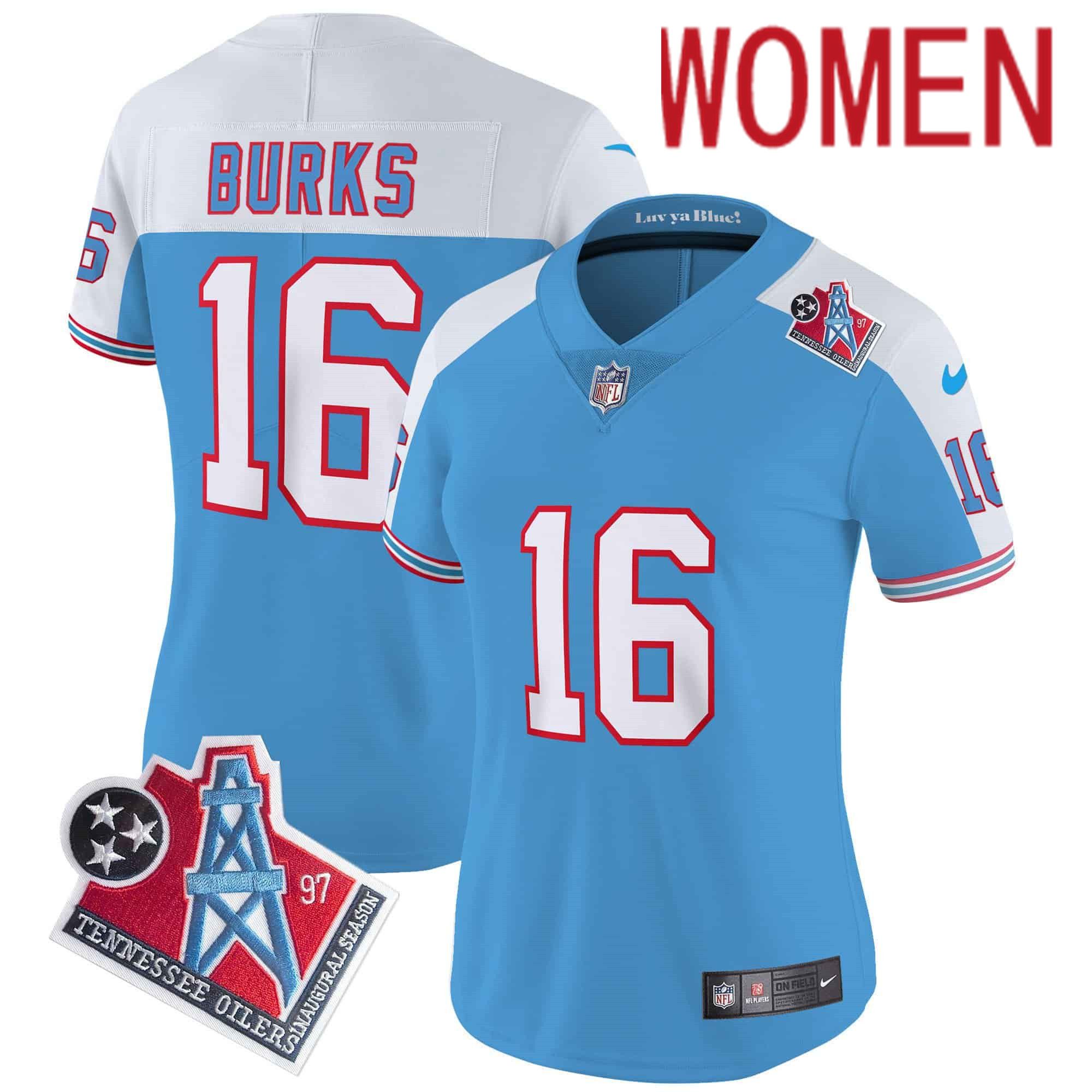Women Tennessee Titans #16 Burks Light Blue 1997 Throwback 2024 Nike Limited Vapor NFL Jersey style 1